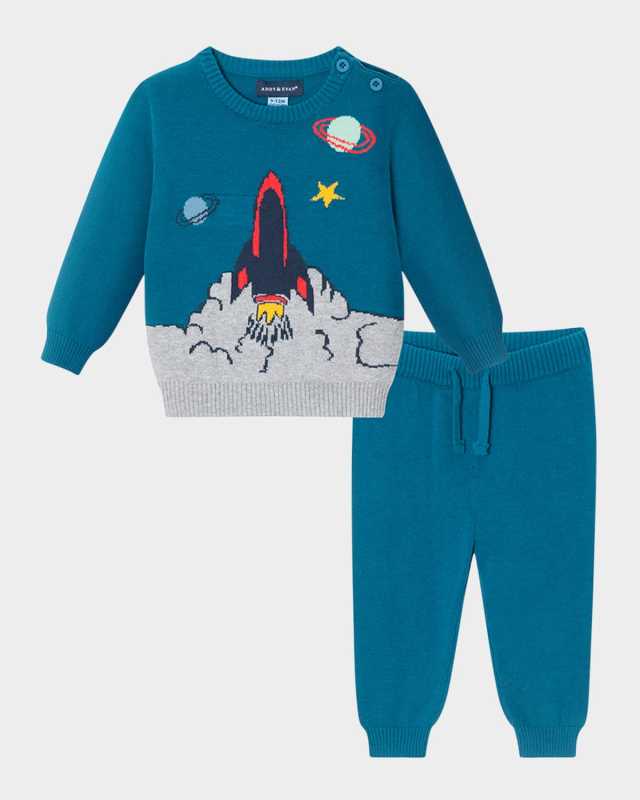 Boy's Space Ship Intarsia Sweater Set, Size Newbor